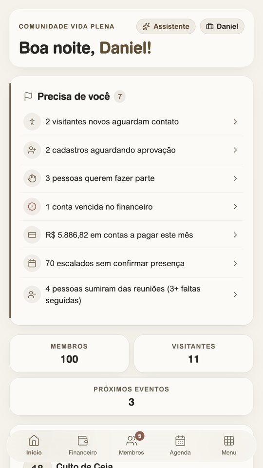 Tela inicial do Ponte para Igrejas no celular.