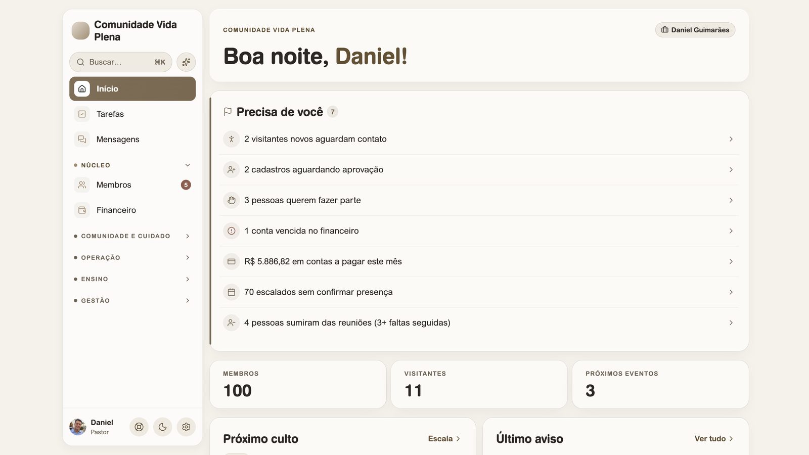 Tela inicial do Ponte para Igrejas no computador: o que precisa da atenção do pastor, membros, visitantes e próximos eventos.
